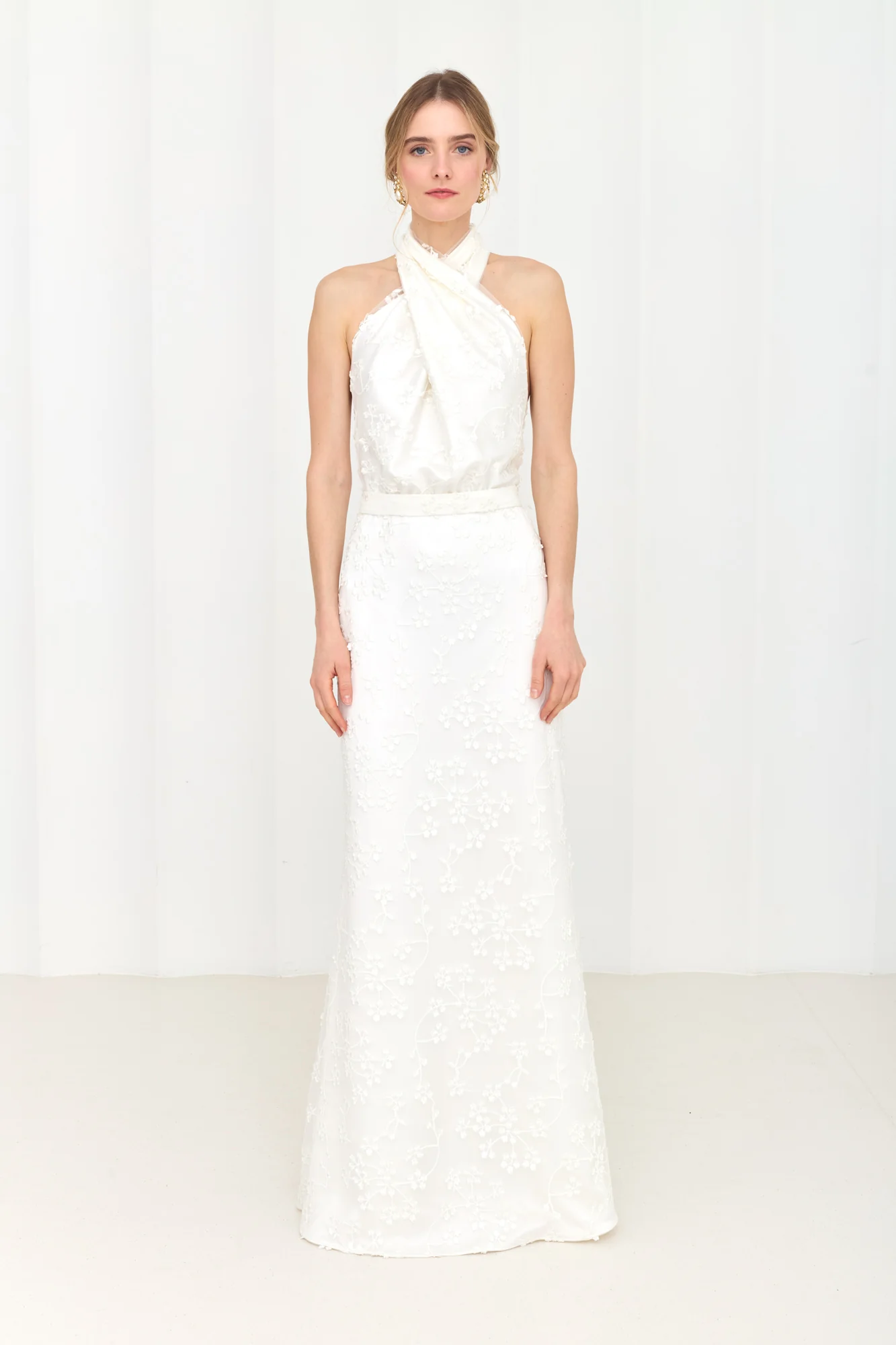 ALIUR White Lace Wedding Gown with X Neckline