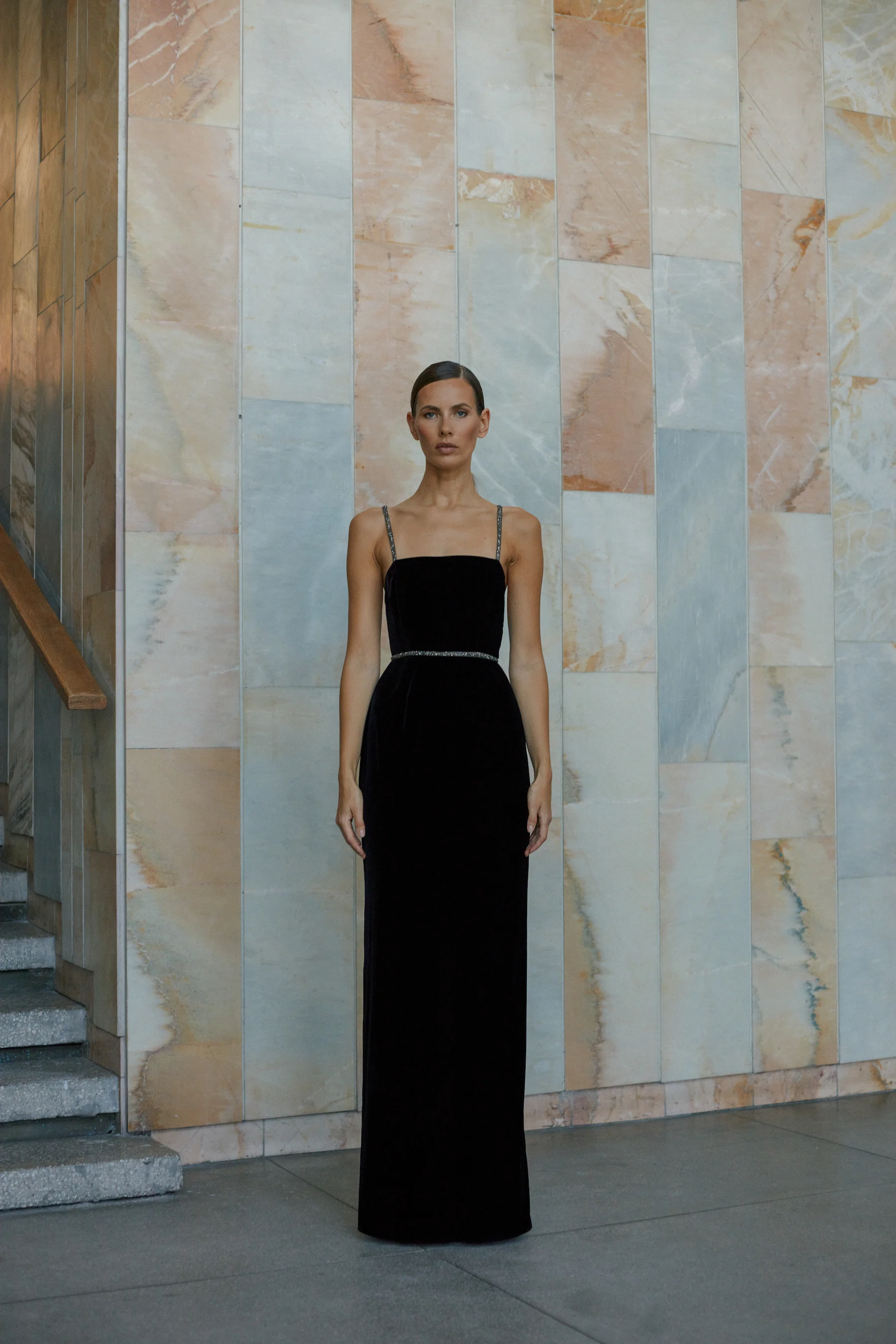 ENIGMA black long silk velvet dress