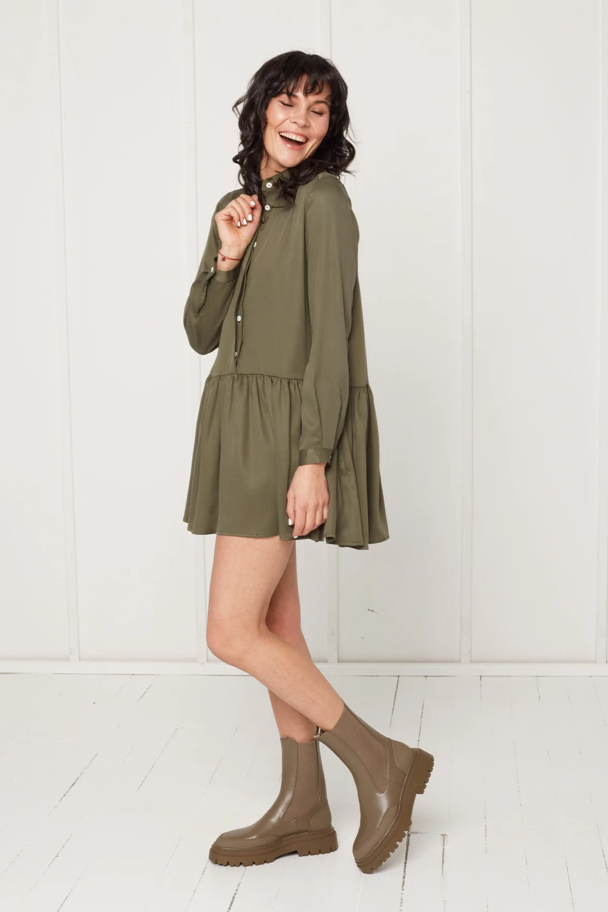 DANA tencel shirt dress with front frill in military green - Image 3