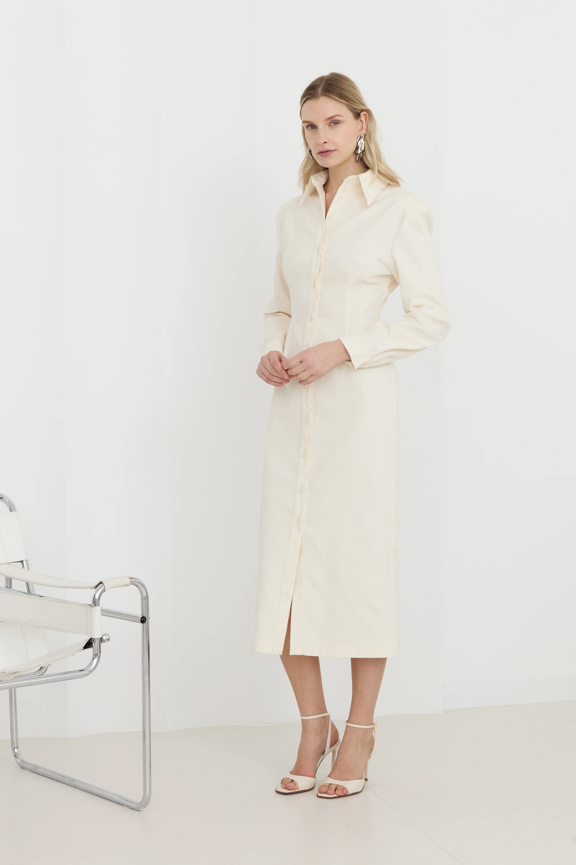 EDITH White Denim Fitted Midi Shirt Dress - Image 2