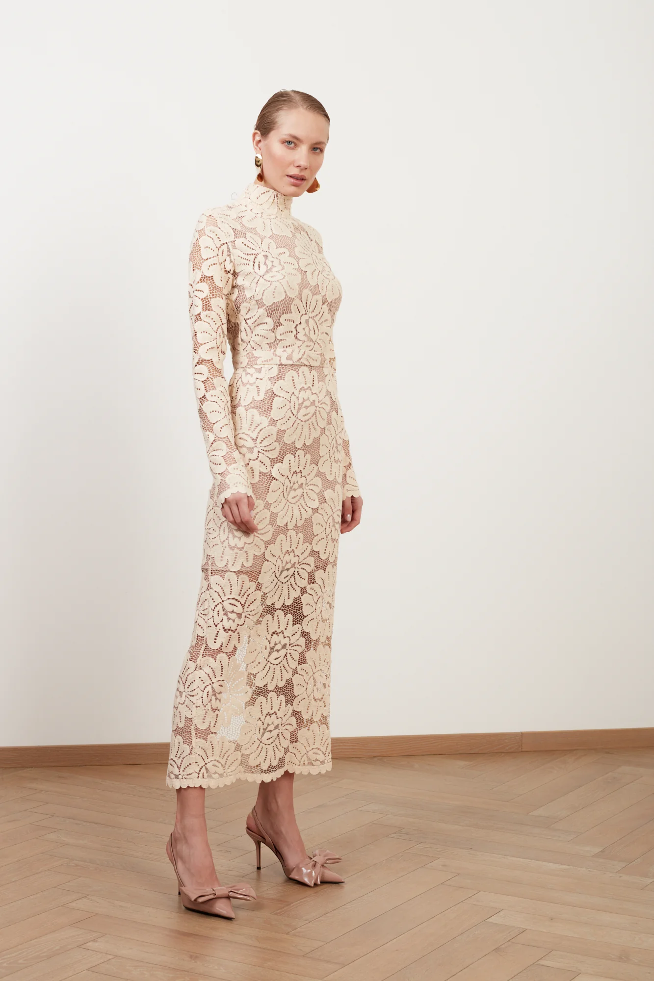 ELENA cream floral lace midi dress with turtleneck - Image 2