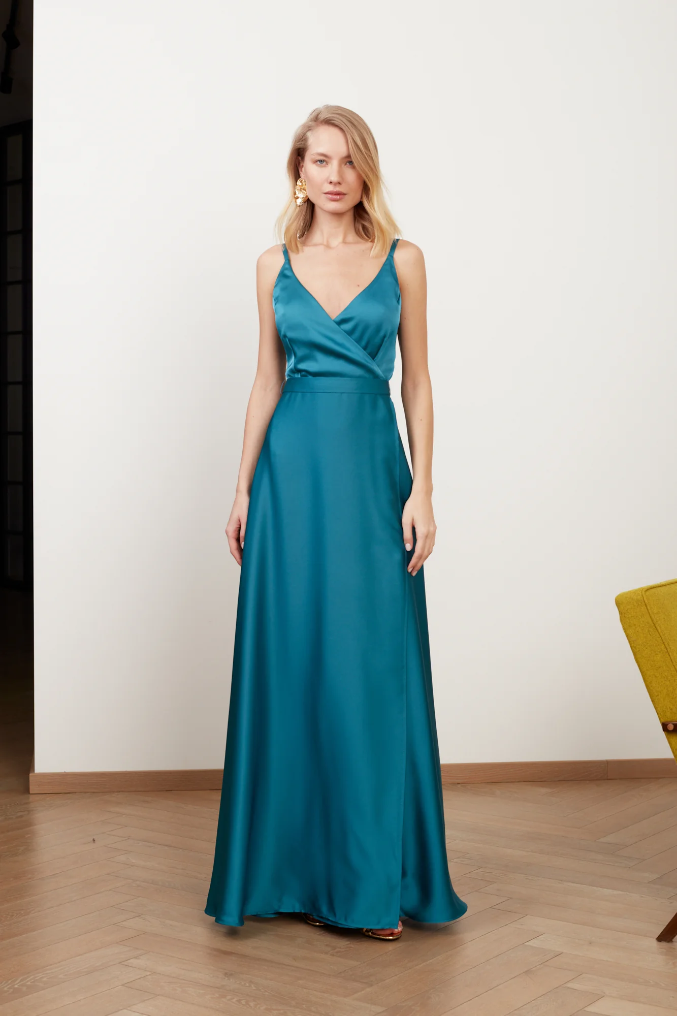 FREYA dark turquoise blue satin maxi evening dress - Image 2