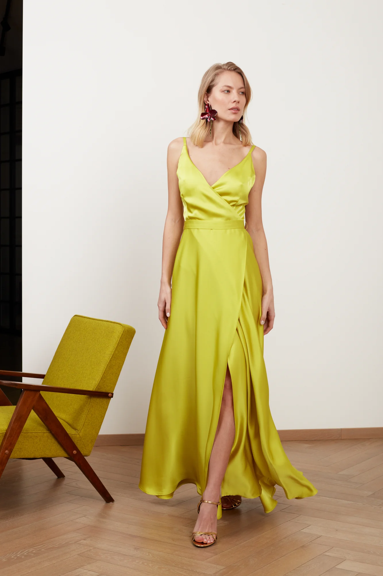 FREYA lime green satin long evening gown - Image 2