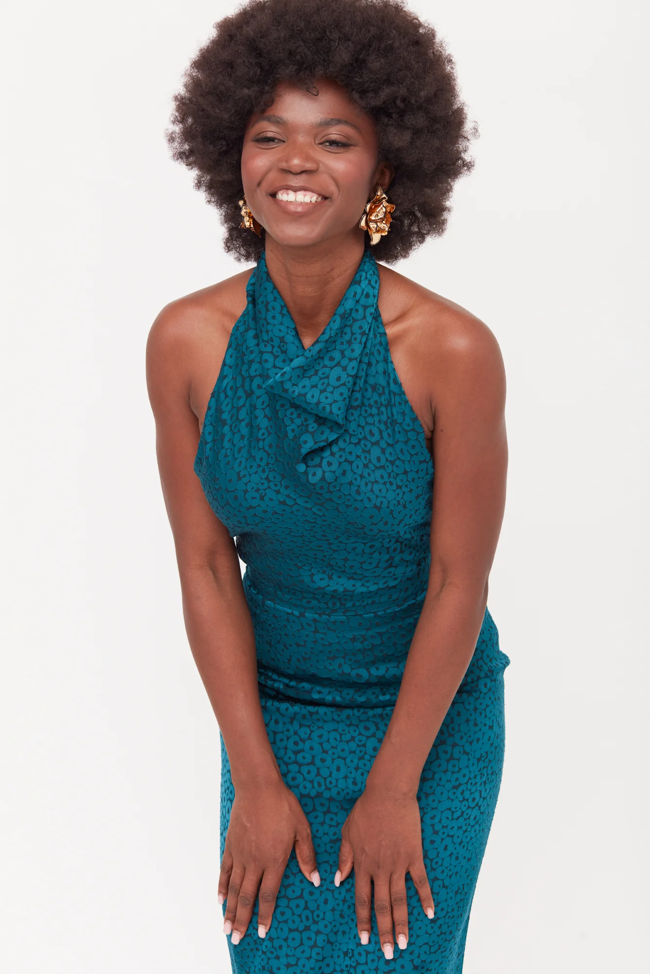 LARA Teal Blue Jacquard Fabric Midi Dress With Cowl Neck - Image 2