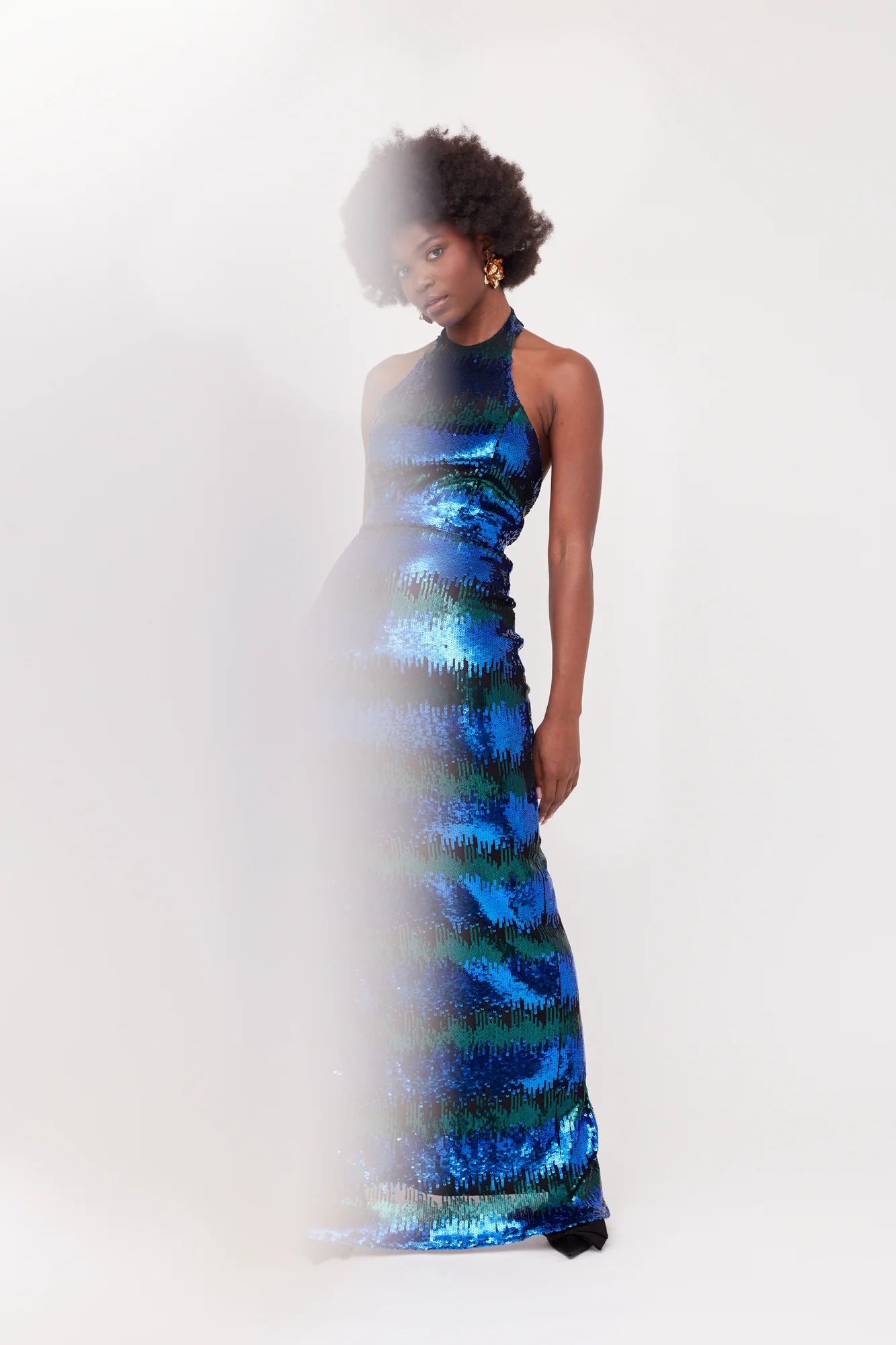 LILIAN Blue & Green Sequin Maxi Evening Dress With Halter Neck - Image 2