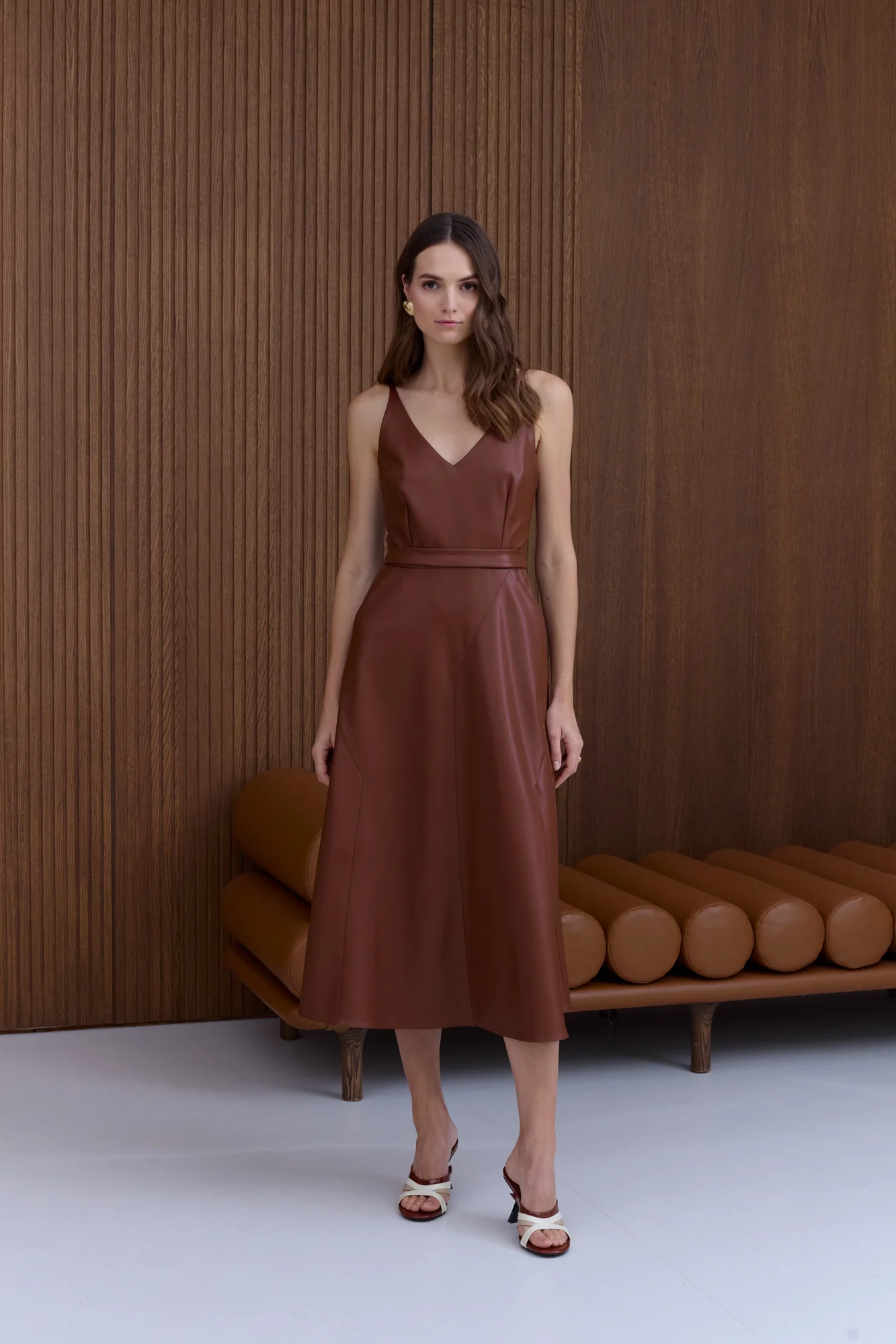 MALOU Chocolate Vegan Leather Midi Dress - Image 2