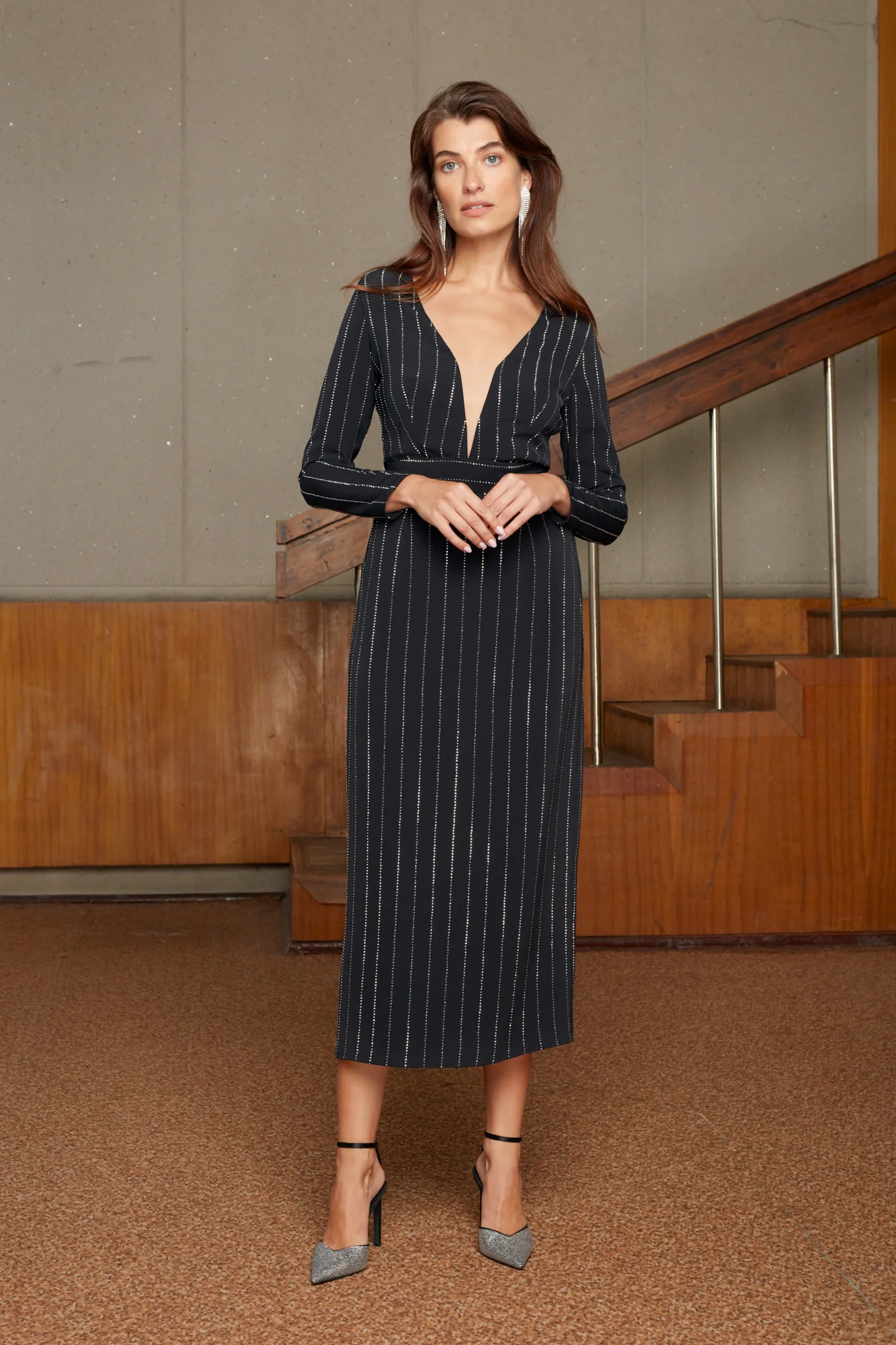MEERA black rhinestone stripes fabric V neck dress - Image 2