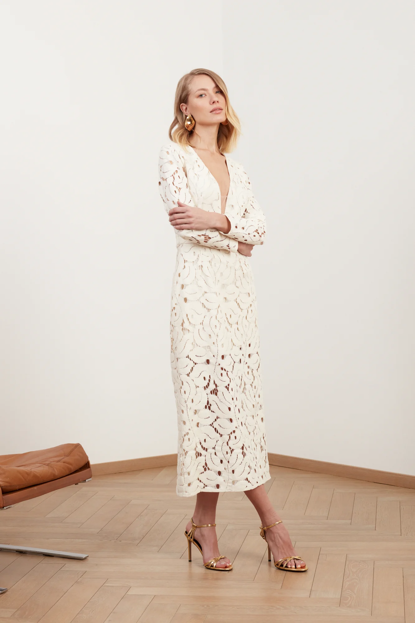 MEERA white lace fabric V neck midi wedding dress - Image 2