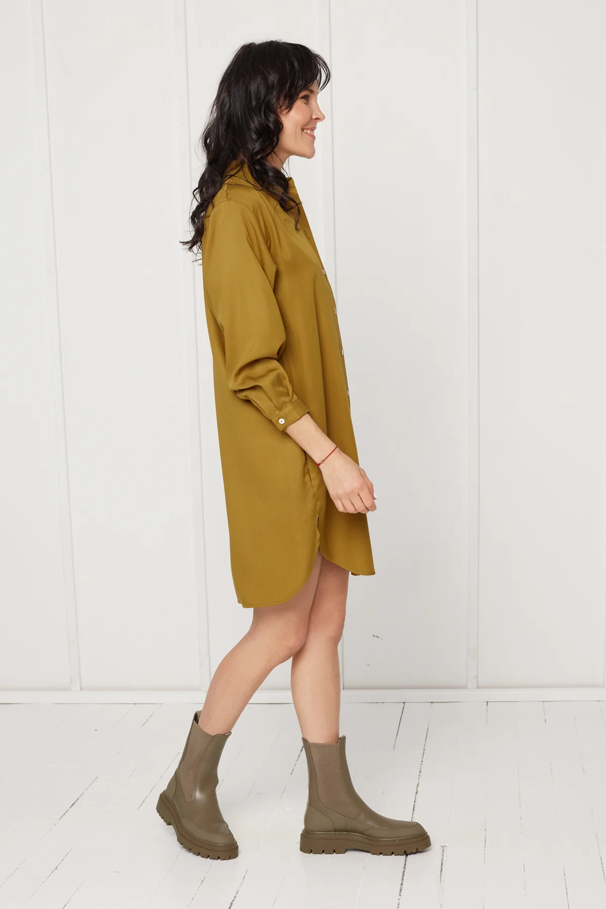 MIRA mini tencel shirt dress in olive green - Image 2