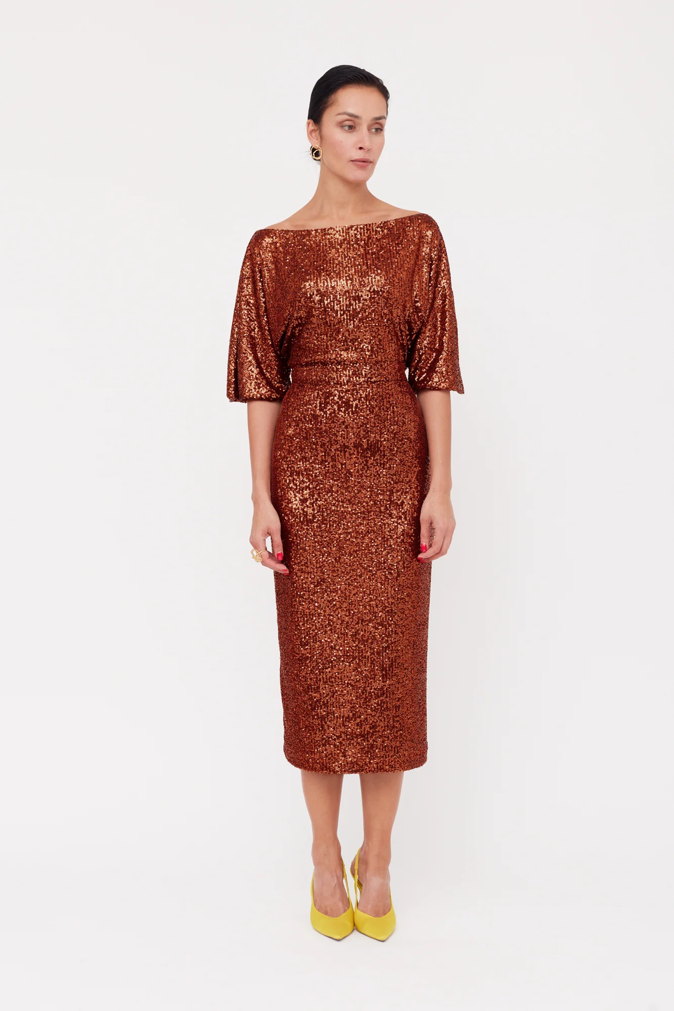 MIRTA Bronze Sequin Cocktail Midi Dress With Widening Sleeves - Image 2
