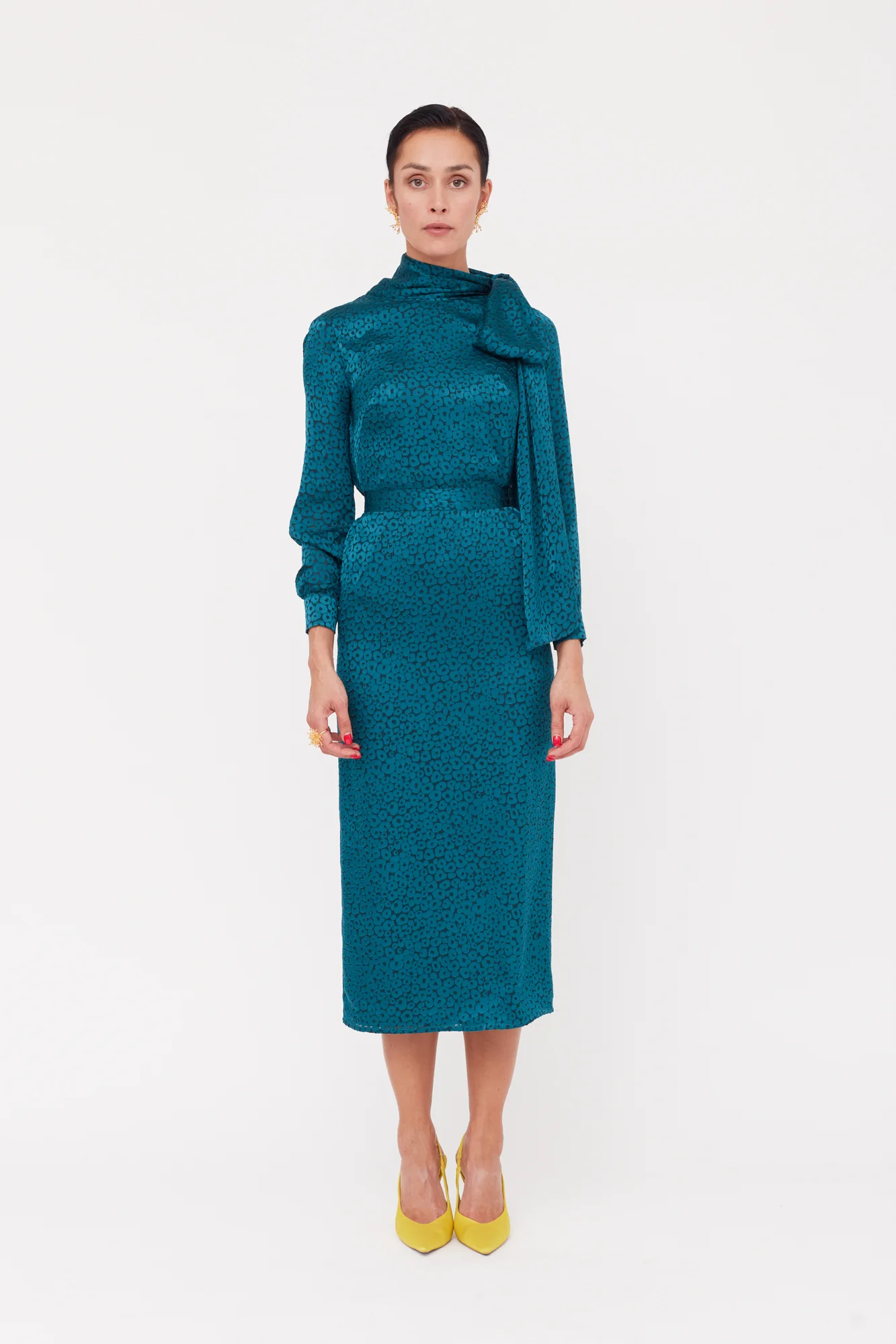 MONE Teal Blue Jacquard Fabric Midi Dress With Ribbon on Shoulder - Image 2