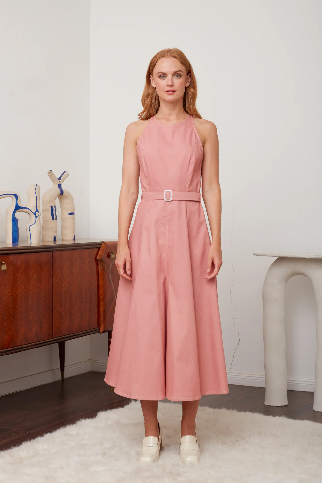 ODE pastel pink denim midi dress with godet skirt - Image 2
