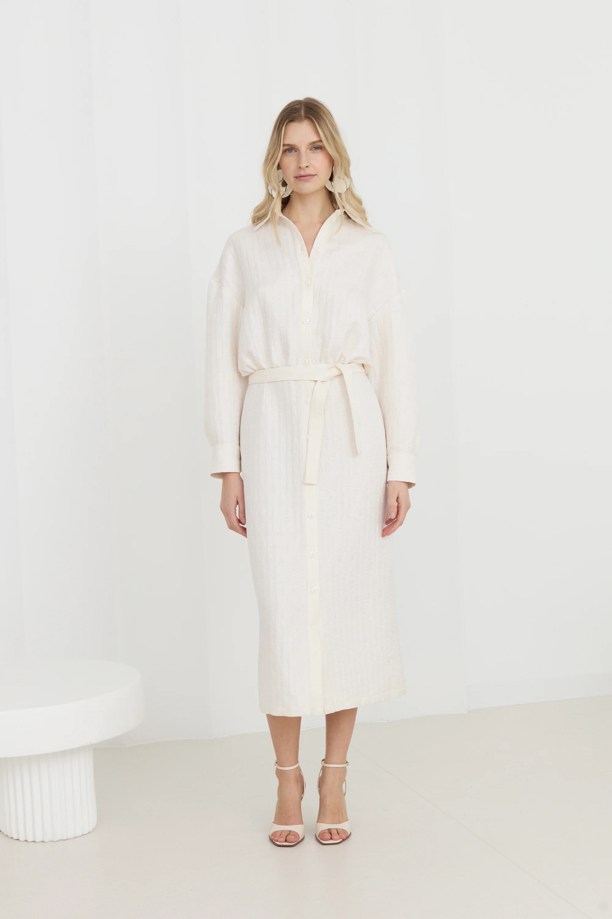 OLINE Off-White Midi Shirt Dress With Pencil Skirt
