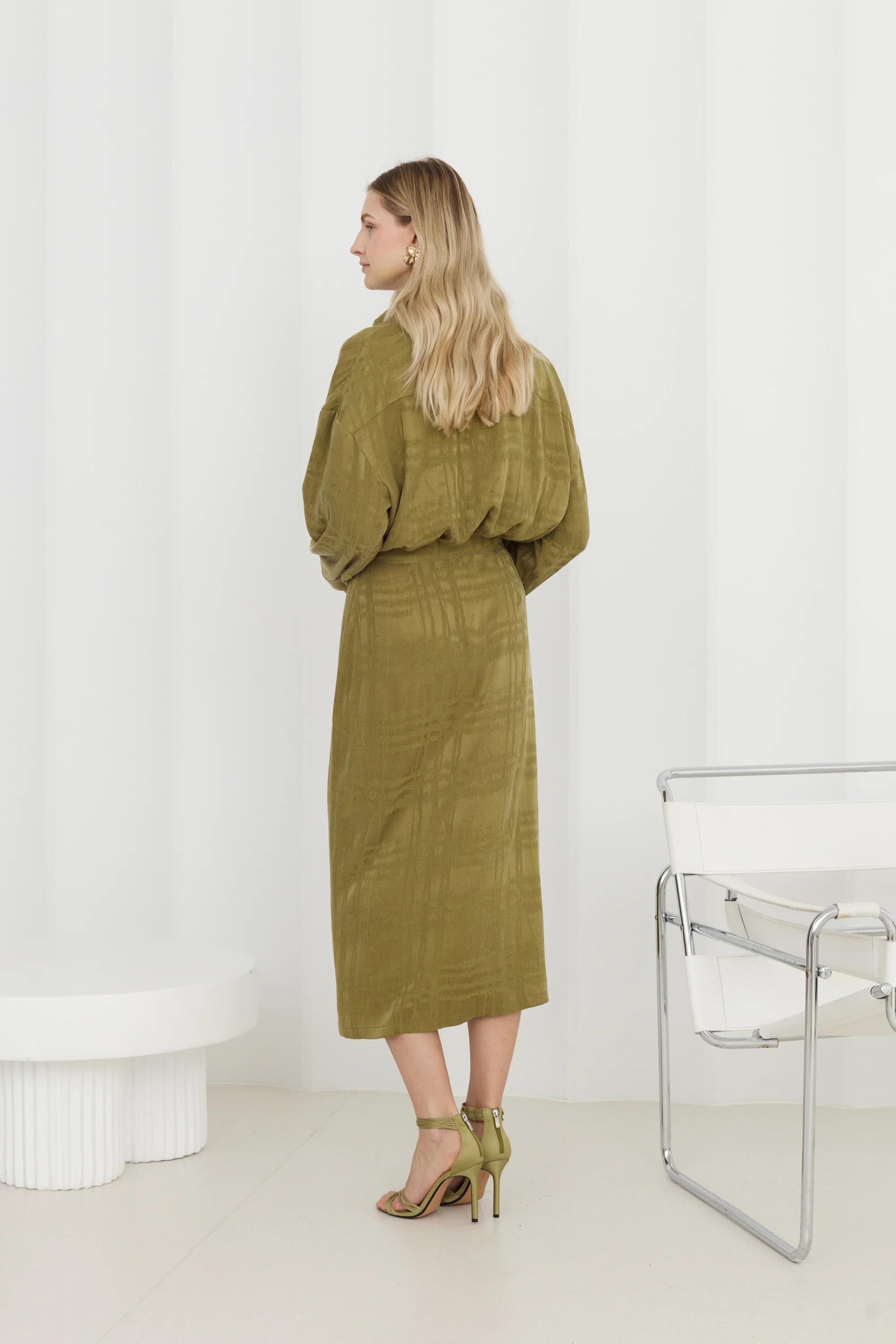 OLINE Olive Green Shirt-Style Midi Dress - Image 2
