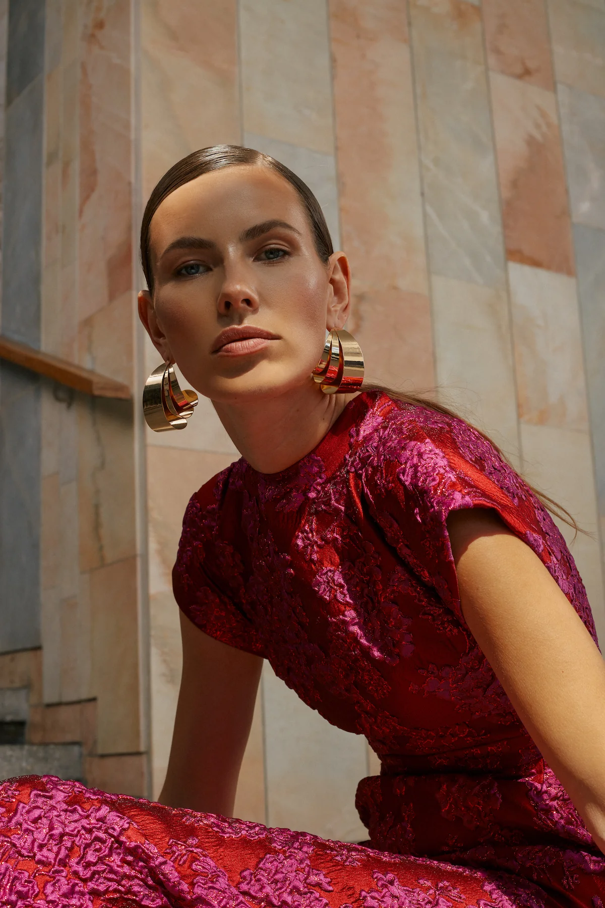 ANN red pink jacquard midi dress - Image 2