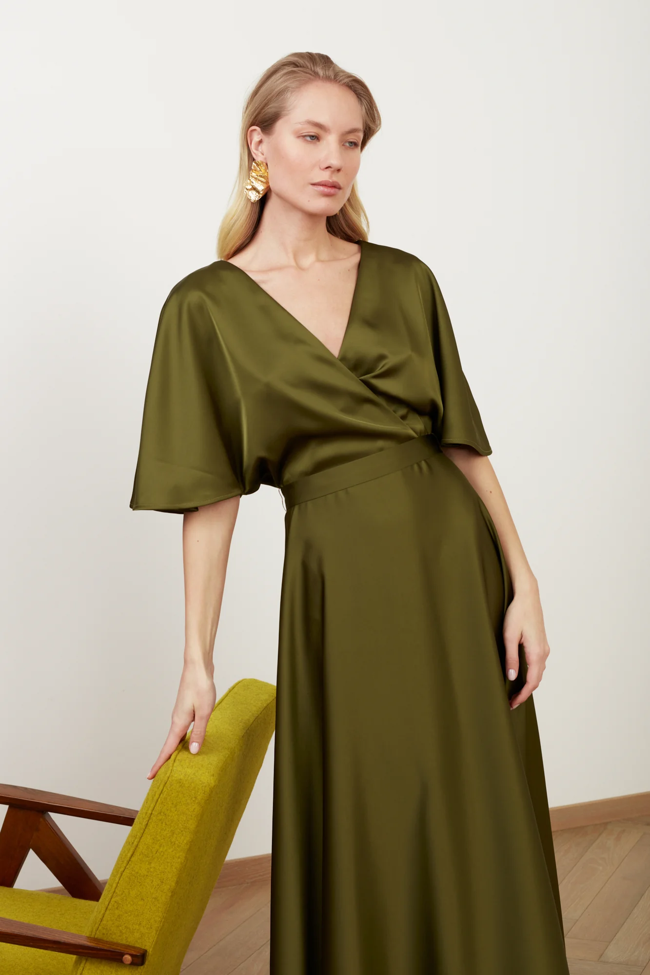 SOLENE olive green satin long dress for wedding guest - Image 2