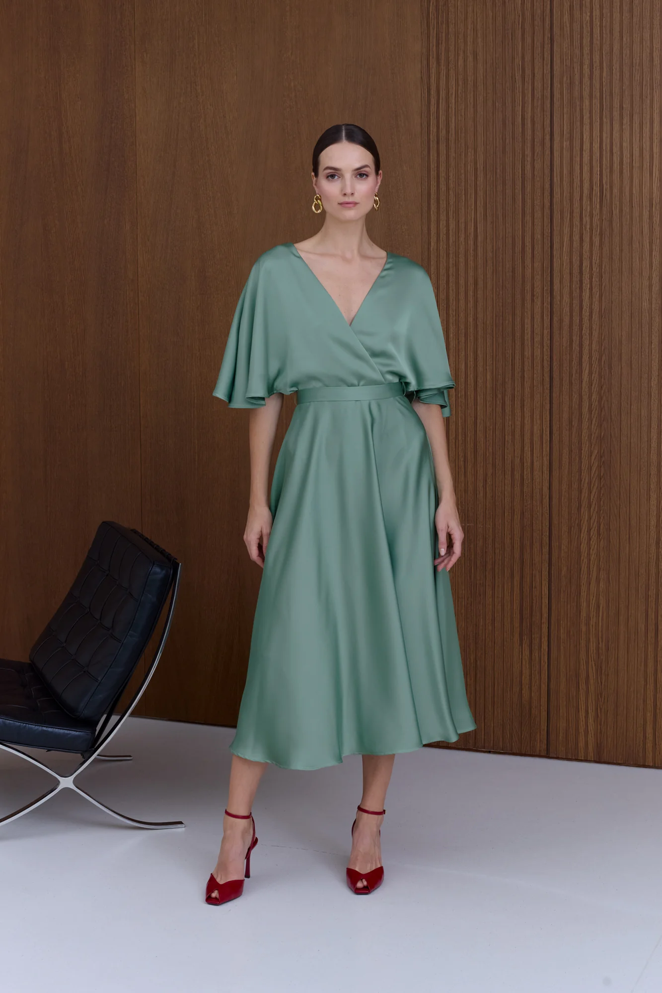 SONYA Sage Midi Cocktail Dress With Butterfly Sleeves