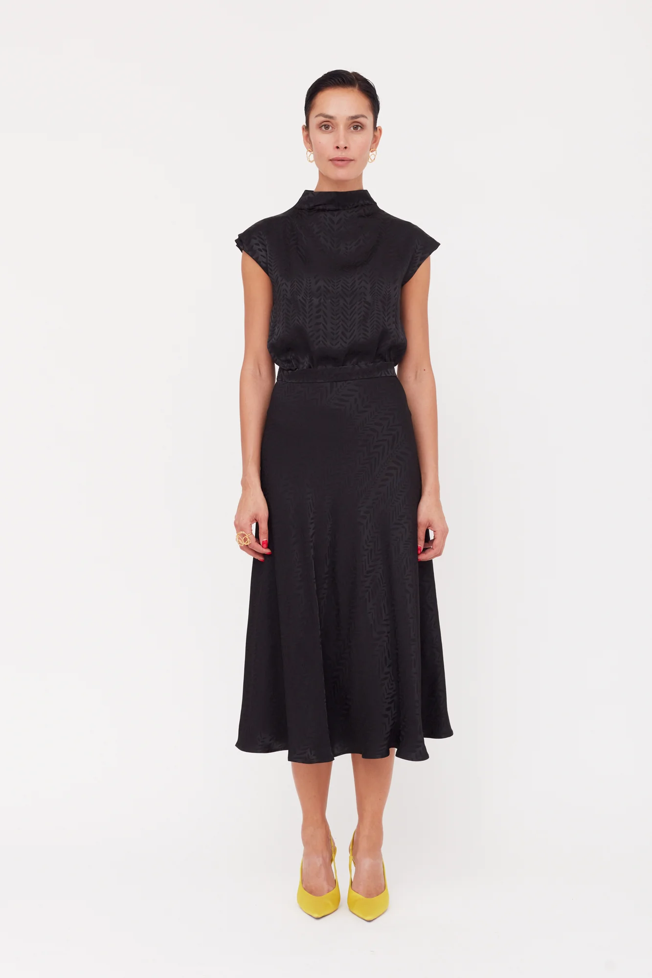 TERRA Black Floral Jacquard Midi Work To Evening Dress - Image 2
